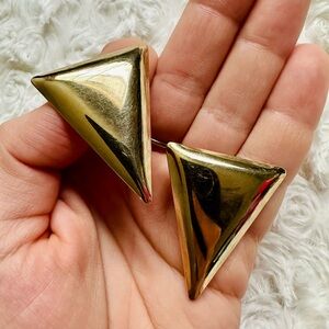 Vintage Gold Tone Geometric Triangle Statement Earrings | Clip On